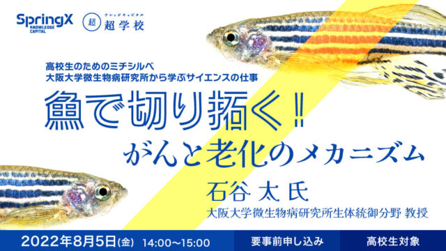 【8/5(金)開催】SpringX超学校 高校生のためのミチシルベ 大阪大学微生物病研究所から学ぶサイエンスの仕事 「 魚で切り拓く！がんと老化のメカニズム」【締切8/5(金)】